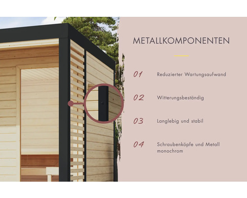 Informations sur les composants métalliques du produit, notamment la réduction de l''entretien, la résistance aux intempéries, la longue durée de vie et la stabilité, ainsi que les têtes de vis et le métal monochromes.