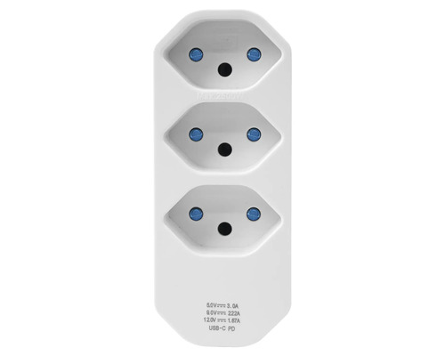 Steckdosenadapter mit drei Anschlüssen und USB-C-Anschluss