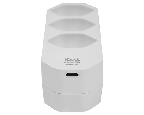 Weisses Ladegerät mit drei Ladeplätzen und USB-C Anschluss