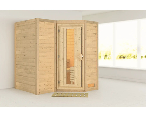 Sauna modulaire Karibu Melanit 1 sans poêle et couronne de toit avec porte en bois et verre isolant thermoisolé