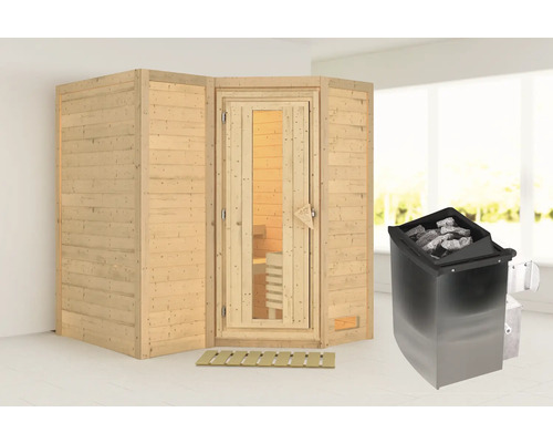 Sauna modulaire Karibu Melanit 1 avec poêle 9 kW avec couronne de toit et porte en bois avec verre isolant thermoisolé