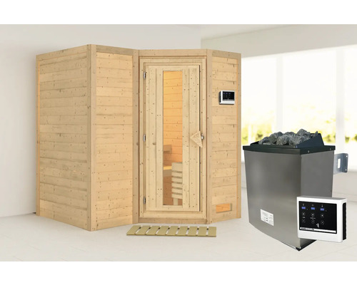 Sauna modulaire Karibu Melanit 1 avec poêle 9 kW et commande ext. sans couronne de toit avec porte en bois et verre isolant thermoisolé