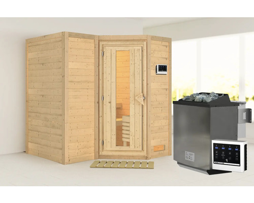 Sauna en bois massif Karibu Melanit 1 avec poêle bio 9 kW et commande externe, sans couronne, avec portes en bois avec verre à isolation thermique