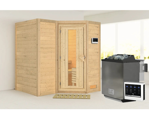 Sauna modulaire Karibu Melanit 1 avec poêle bio 9 kW et commande ext. sans couronne de toit avec porte en bois et verre isolant thermoisolé