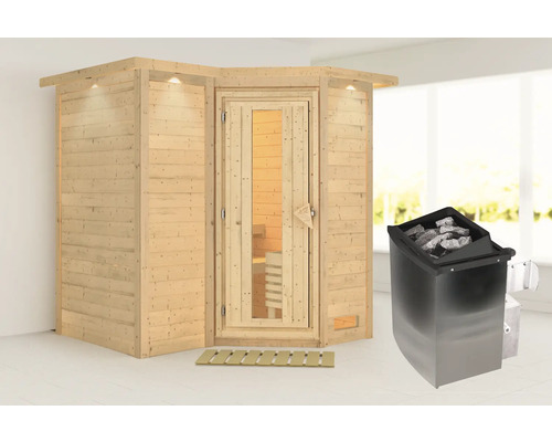 Sauna modulaire Karibu Melanit 1 avec poêle 9 kW avec couronne de toit et porte en bois avec verre isolant thermoisolé