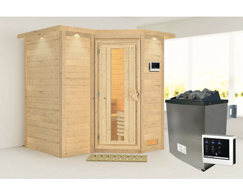 Sauna modulaire Karibu Melanit 1 avec poêle 9 kW et commande ext. avec couronne de toit et porte en bois avec verre isolant thermoisolé