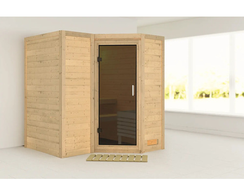 Sauna modulaire Karibu Melanit 1 sans poêle et couronne de toit avec porte tout en verre couleur graphite