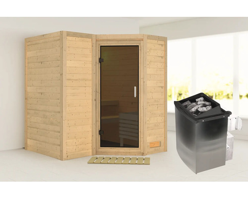 Sauna modulaire Karibu Melanit 1 avec poêle 9 kW et commande int. sans couronne de toit et porte tout verre couleur graphite