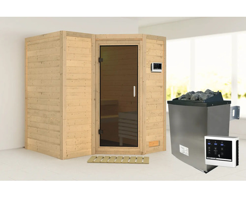 Sauna modulaire Karibu Melanit 1 avec poêle 9 kW et commande ext. sans couronne de toit et porte tout en verre couleur graphite