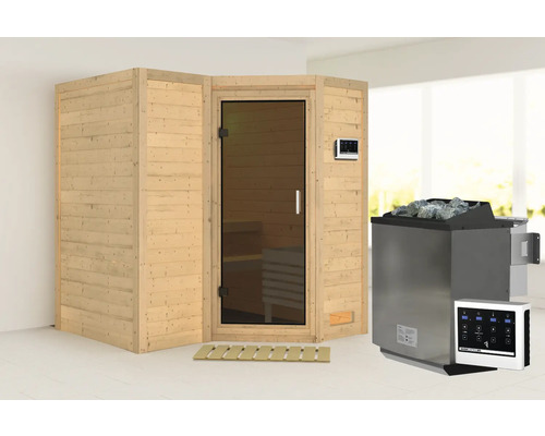 Sauna en bois massif Karibu Melanit 1 avec poêle bio 9 kW et commande ext. sans couronne et porte entièrement vitrée coloris graphite