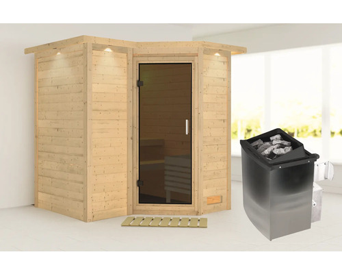 Sauna modulaire Karibu Melanit 1 avec poêle 9 kW et commande int. avec couronne de toit et porte tout en verre couleur graphite