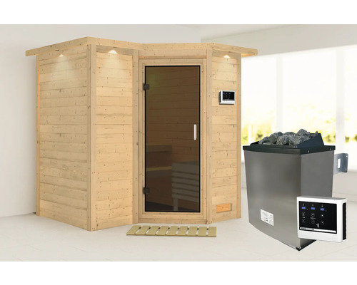 Sauna modulaire Karibu Melanit 1 avec poêle 9 kW et commande ext. avec couronne de toit et porte tout en verre couleur graphite