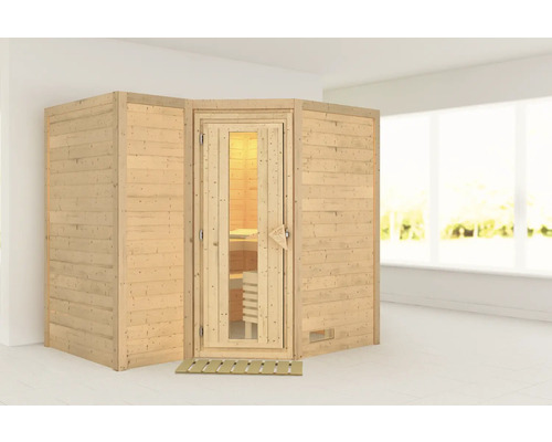 Sauna en bois massif Karibu Melanit 2 sans poêle ni couronne, avec portes en bois avec verre à isolation thermique