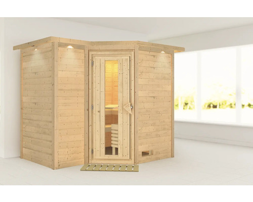 Sauna en bois massif Karibu Melanit 2 sans poêle, avec couronne et portes en bois avec verre à isolation thermique