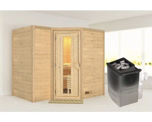 Sauna en bois massif Karibu Melanit 2 avec poêle 9 kW et commande intégrée, sans couronne, avec portes en bois avec verre à isolation thermique