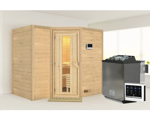 Sauna en bois massif Karibu Melanit 2 avec poêle bio 9 kW et commande externe, sans couronne, avec portes en bois avec verre à isolation thermique