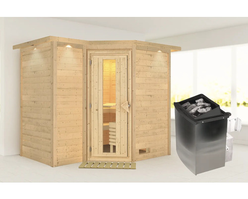 Sauna en bois massif Karibu Melanit 2 avec poêle 9 kW et commande intégrée, avec couronne et portes en bois avec verre à isolation thermique