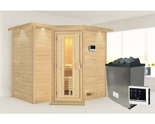 Massivholzsauna Karibu Melanit 2 inkl.9 kW Ofen u.ext.Steuerung mit Dachkranz und Holztüre mit Isolierglas wärmegedämmt