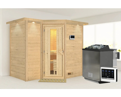 Sauna en bois massif Karibu Melanit 2 avec poêle bio 9 kW et commande externe, avec couronne et portes en bois avec verre à isolation thermique