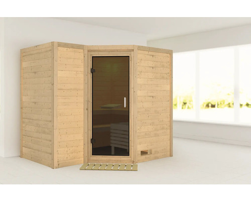 Sauna en bois massif Karibu Melanit 2 sans poêle ni couronne, avec portes entièrement vitrées couleur graphite