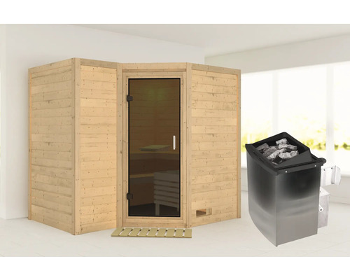 Sauna en bois massif Karibu Melanit 2 avec poêle 9 kW et commande intégrée, sans couronne, avec portes entièrement vitrées couleur graphite