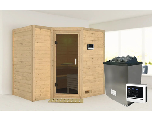 Sauna en bois massif Karibu Melanit 2 avec poêle 9 kW et commande externe, sans couronne, avec portes entièrement vitrées couleur graphite