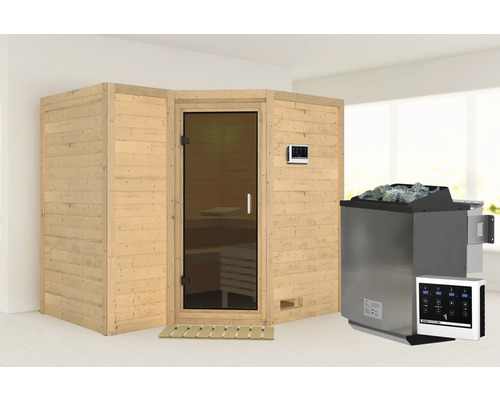 Sauna en bois massif Karibu Melanit 2 avec poêle bio 9 kW et commande externe, sans couronne, avec portes entièrement vitrées couleur graphite