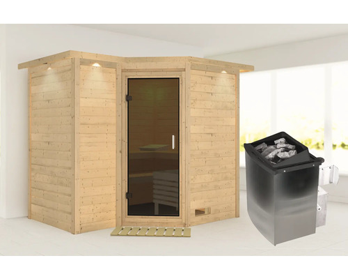 Sauna modulaire Karibu Melanit 2 avec poêle 9 kW et commande intégrée, avec couronne et portes entièrement vitrées couleur bronze