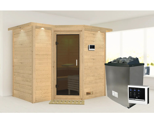 Sauna modulaire Karibu Melanit 2 avec poêle 9 kW et commande externe, avec couronne et portes entièrement vitrées couleur bronze