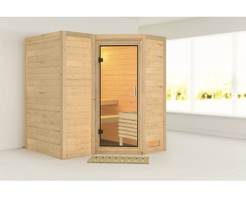 Sauna modulaire Karibu Melanit 1 sans poêle et couronne de toit avec porte tout en verre en verre transparent