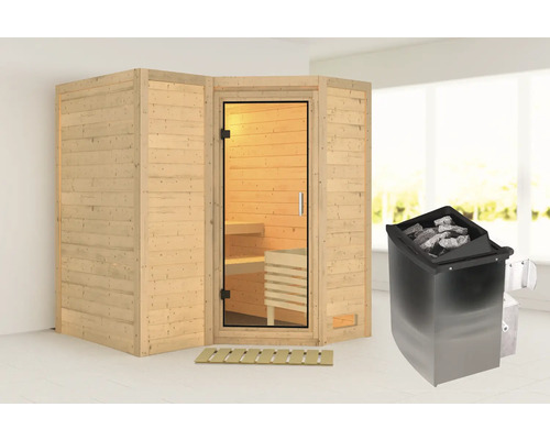 Sauna en bois massif Karibu Melanit 1 avec poêle 9 kW et commande intégrée sans couronne et porte entièrement vitrée en verre transparent