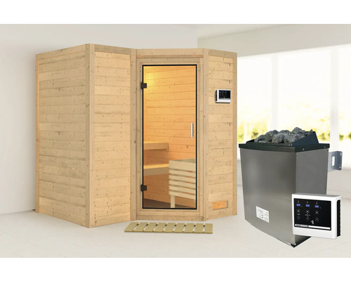 Sauna en bois massif Karibu Melanit 1 avec poêle 9 kW et commande externe sans couronne et porte entièrement vitrée en verre transparent