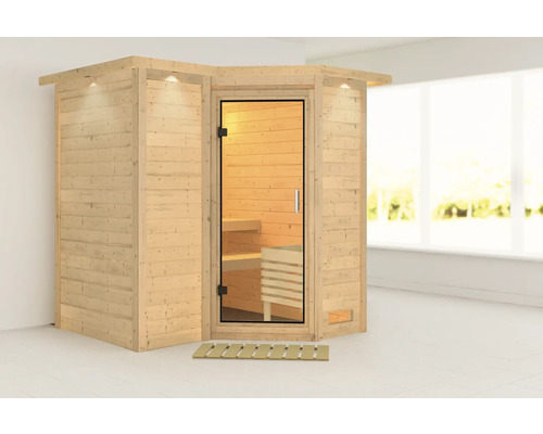 Sauna modulaire Karibu Melanit 1 sans poêle, avec couronne et porte entièrement vitrée en verre transparent