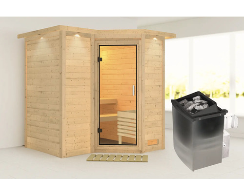 Sauna modulaire Karibu Melanit 1 avec poêle 9 kW et commande int. avec couronne de toit et porte tout en verre en verre transparent