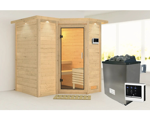 Sauna modulaire Karibu Melanit 1 avec poêle 9 kW et commande ext. avec couronne de toit et porte tout en verre en verre transparent