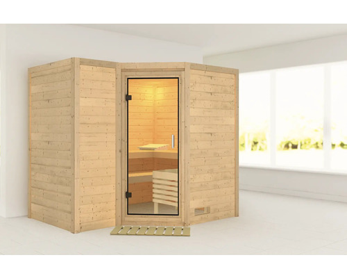 Sauna en bois massif Karibu Melanit 2 sans poêle ni couronne, avec portes entièrement vitrées en verre transparent