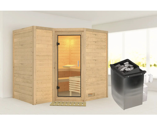 Sauna en bois massif Karibu Melanit 2 avec poêle 9 kW et commande intégrée, sans couronne, avec portes entièrement vitrées en verre transparent