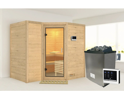 Sauna en bois massif Karibu Melanit 2 avec poêle 9 kW et commande externe, sans couronne, avec portes entièrement vitrées en verre transparent