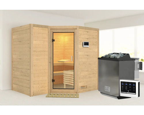 Sauna en bois massif Karibu Melanit 2 avec poêle bio 9 kW et commande externe, sans couronne, avec portes entièrement vitrées en verre transparent