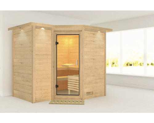 Sauna modulaire Karibu Melanit 2 sans poêle, avec couronne et portes entièrement vitrées en verre transparent