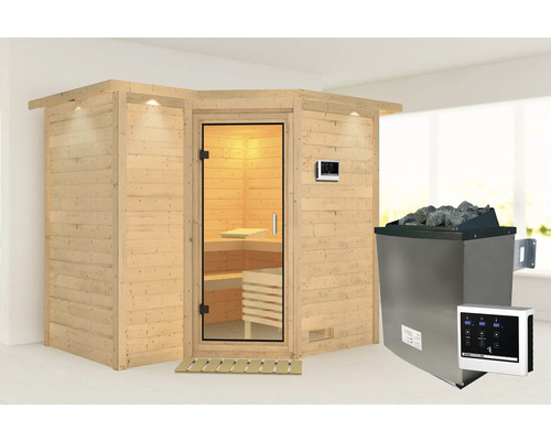 Sauna modulaire Karibu Melanit 2 avec poêle 9 kW et commande externe, avec couronne et portes entièrement vitrées en verre transparent