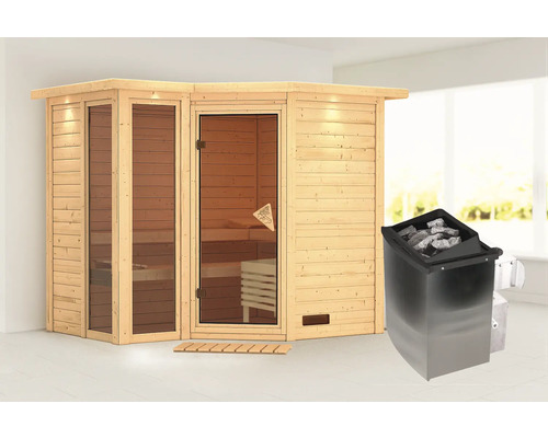 Sauna modulaire Karibu Limonit avec poêle 9 kW et commande int. avec couronne de toit et porte tout verre bronzé