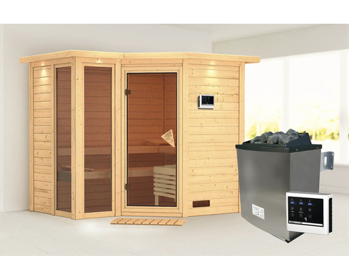 Sauna modulaire Karibu Limonit avec poêle 9 kW et commande ext. avec couronne de toit et porte tout verre bronzé