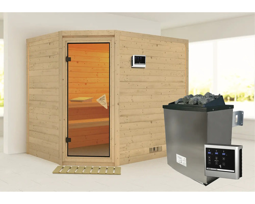 Installation de sauna complète avec poêle, commande et éléments en bois