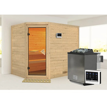 Massivholzsauna Karibu Kanami inkl. 9 kW Bio Ofen u.ext.Steuerung ohne Dachkranz mit bronzierter Ganzglastür