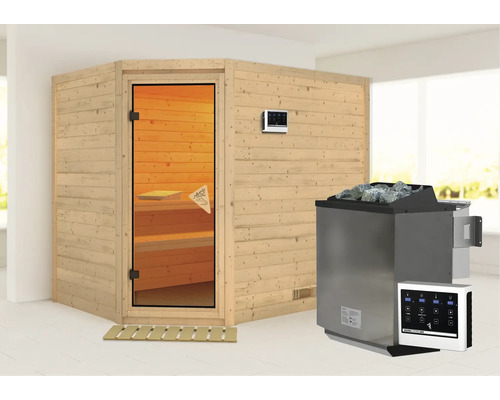 Sauna d''angle avec porte en verre, commande de sauna et poêle de sauna