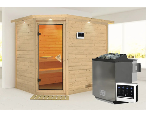 Ecksauna aus Holz mit Glastür, Steuergerät und Saunaofen
