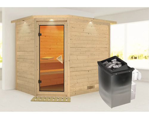 Sauna en bois massif Karibu Kanami avec poêle 9 kW, avec commande intégrée et couronne