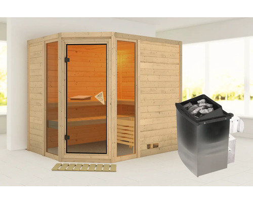 Sauna modulaire Karibu Tinai 3 avec poêle 9 kW et commande int. sans couronne de toit avec porte tout en verre bronzé