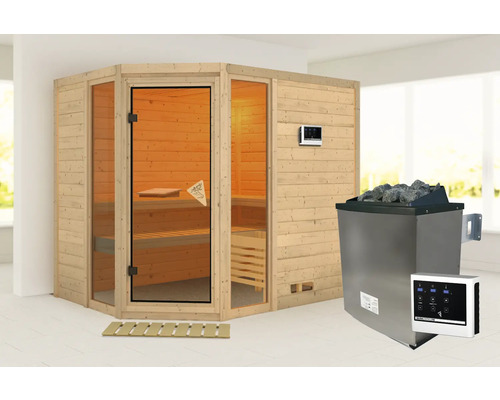 Sauna modulaire Karibu Tinai 3 avec poêle 9 kW et commande ext. sans couronne de toit avec porte tout en verre bronzé